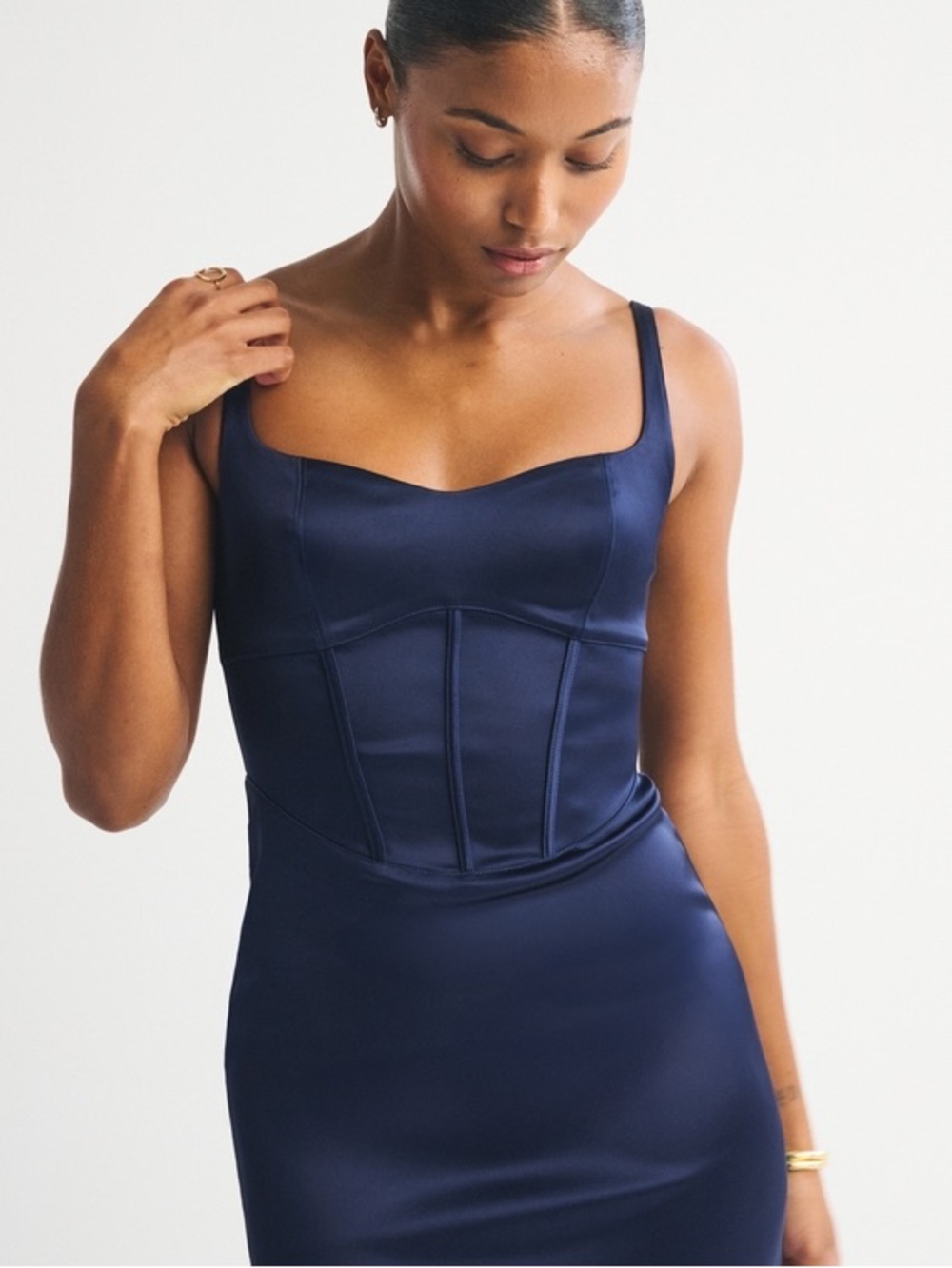 Abercrombie & Fitch Satin Corset Midi Dress in Navy NWT - Picture 2 of 13